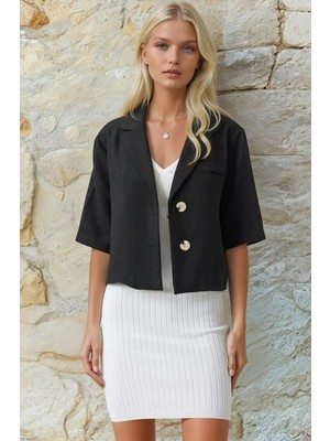 Hazelin Kadın Siyah Kısa Kollu Şal Yaka Düğmeli Mevsimlik Keten Ayrobin Ceket HZL24S-BD107061