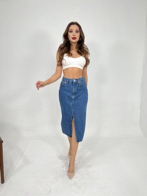6478 Denim Mıdı Slıt Skırt-Mavi