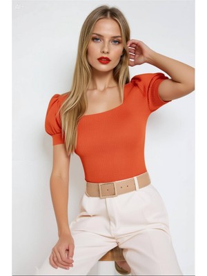 Hazelin Kadın Oranj Kare Yaka Örme Bluz HZL22W-BD104091