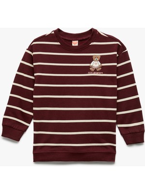 Şardonlu Ayıcık Baskılı Uzun Kollu Bisiklet Yaka Çizgili Sweatshirt