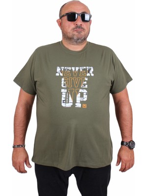 Starbattal Erkek Büyük Beden Sıfır Yaka Tişört Never Give Up 25182 Hakı