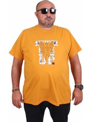 Starbattal Erkek Büyük Beden Sıfır Yaka Tişört Never Give Up 25182 Hardal