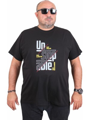 Starbattal Erkek Büyük Beden Sıfır Yaka Tişört Un Stop Able 25181 Sıyah