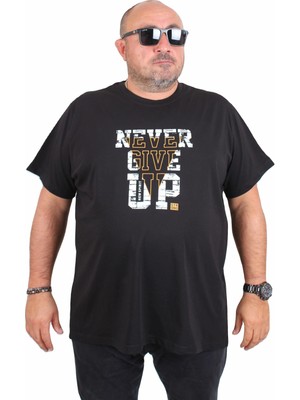 Starbattal Erkek Büyük Beden Sıfır Yaka Tişört Never Give Up 25182 Sıyah