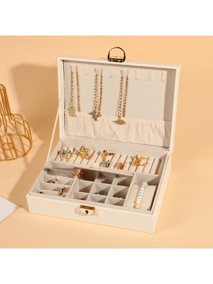 Mücevher Kutusu Organizer Düzenleyici Beyaz Kutusu Anahtarlı Kolye Küpe Saat Kutusu