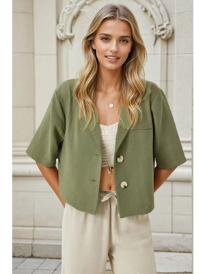 Hazelin Kadın Haki Kısa Kollu Şal Yaka Düğmeli Mevsimlik Keten Ayrobin Ceket HZL24S-BD107061