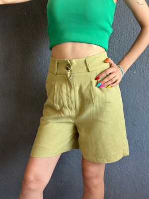 Yeşil Kadın Keten Şort S Beden