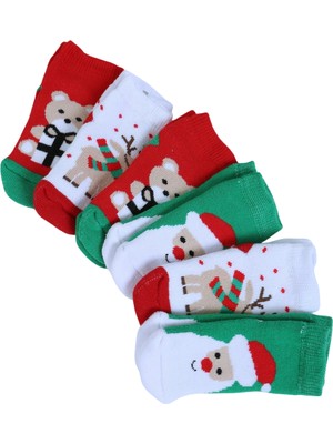 Pamuklu 6'lı Yılbaşı Noel Baba Kışlık Havlu Yenidoğan Bebek Çorap