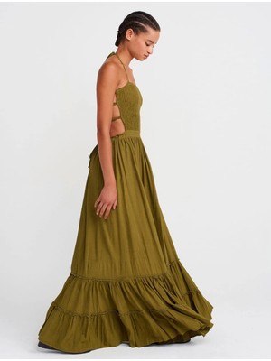 Uzun Keten Elbise-Haki