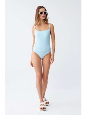Akbeniz Kadın Buz Mavisi Ince Askılı Düz Tek Parça Mayo