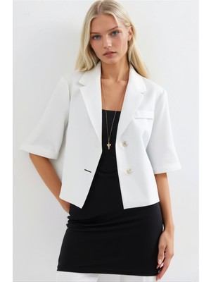 Hazelin Kadın Beyaz Kısa Kollu Şal Yaka Düğmeli Mevsimlik Keten Ayrobin Ceket HZL24S-BD107061