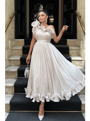 Şifon Kumaş Tek Kol Abiye Elbise - Bej