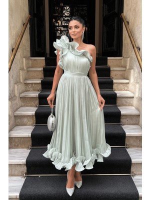 Şifon Kumaş Tek Kol Abiye Elbise - Mint Yeşili