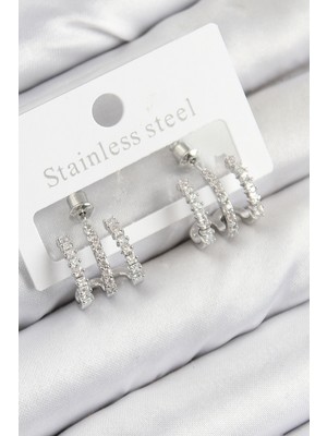 Pirinç Zirkon Taşlı Model Gümüş Renk Kadın Küpe