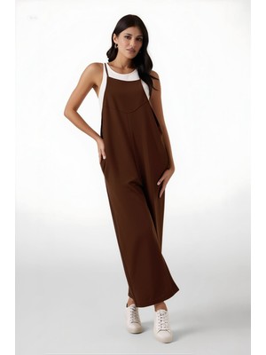 Hazelin Kadın Çikolata Ayarlanabilir Askılı Cepli Bol Paça Bahçıvan Tulum HZL22S-BD170191