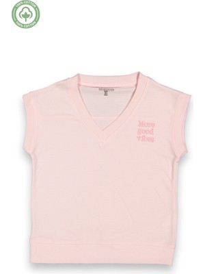 Divonette Kız Çocuk Pembe Süveter Kaşkorse V Yakalı Kolsuz Triko Günlük Stil Pamuklu