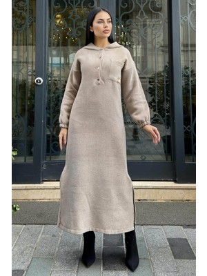 Vizon Çift Taraflı Kapüşonlu, Yırttmaç Detaylı, Duble Yumoş Kaşe Uzun Elbise