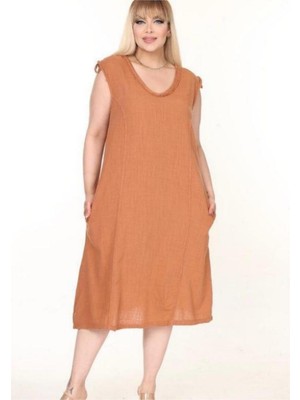 Kadın Büyük Beden Yaka Örgü Detay Omuz Büzgü Detay %100 Pamuk V Yaka Kolsuz Elbise