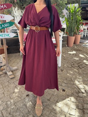 Bordo Kruvaze Kemerli Saten Elbise