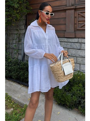 Kadın Beyaz Gömlek Yaka Uzun Kollu Kısa Elbise