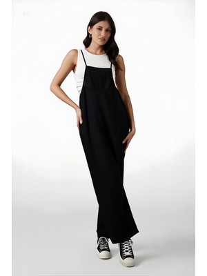 Hazelin Kadın Siyah Ayarlanabilir Askılı Cepli Bol Paça Bahçıvan Tulum HZL22S-BD170191