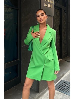 Kadın Yeşil Dokuma Kruvaze Kısa Elbise