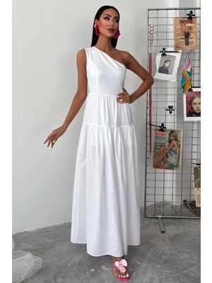 Kadın Beyaz Asimetrik Tek Omuz Wual Maxi Elbise