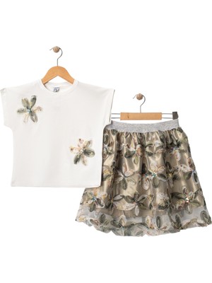 Çiçekli Tshırt Etek Takım Yeşil
