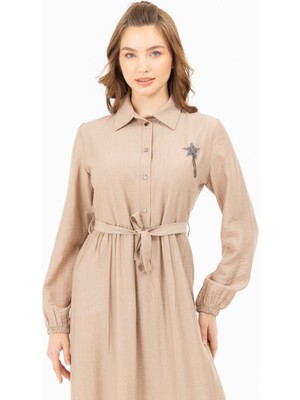 2123 Önü Yarım Düğmeli Kol Ucu Lastikli Beli Kemerli Yıldız Armalı Elbise #03-25#