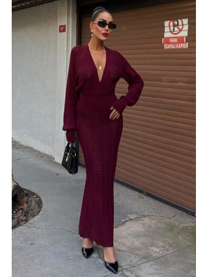 Kadın Bordo Çizgili Akrilik Uzun V Yaka Elbise