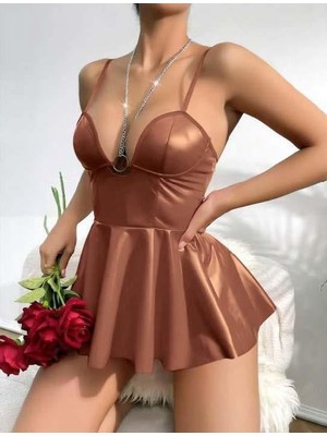 Kahverengi Parlak Lame Fantezi Deri Elbise