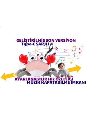 Boratila Toys Emeklemeye Yardımcı 3 Hız Kademeli Kapatıp Açılabilen Müzikli Sensörlü Şarjlı Yengeç Oyuncak (Sarı)