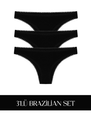 Cotvie Siyah Pamuklu Brazillian 3'lü Set külot