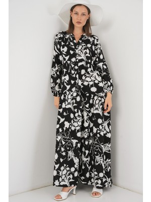 Kadın Desenli Uzun Tesettür Elbise 2585 - Siyah - Beyaz 1
