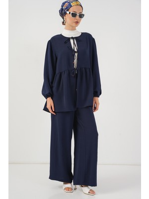 Kadın Önü Bağcıklı Tunik Pantolon Ikili Takım 6744 - Lacivert