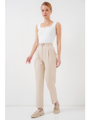 Kadın Pileli Kemerli Kumaş Pantolon 6725 - Krem