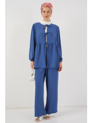 Kadın Önü Bağcıklı Tunik Pantolon Ikili Takım 6744 - Indigo