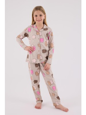 Kız Çocuk %100 Pamuklu Pijama Takım, Uzunkol, Düğmeli