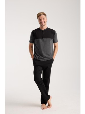 Akbeniz Erkek Antrasit Düğmeli Yaka Kısa Kol Pijama Takımı
