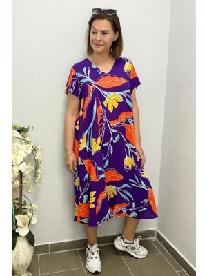 Kadın Mor Turuncu Çicek Desenli Elbise