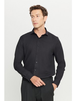 Tailored Slim Fit Dar Kesim Küçük Italyan Yaka Armürlü Oxford Gömlek