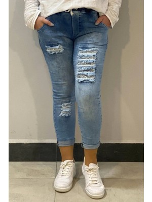 Kadın Mavi Payet Detaylı Full Likralı Kot Pantolon