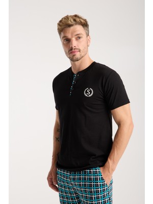 Akbeniz Erkek Düğmeli Yaka Siyah Kısa Kol Pijama Takımı