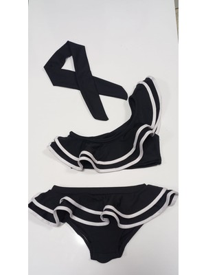 3 Parça Kız Çocuk Bandanalı Fırfırlı Bikini Mayo