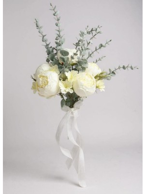 Yapay Çiçek Gelin Çiçeği Beyaz Şakayık ve Okaliptus Gelin Buketi