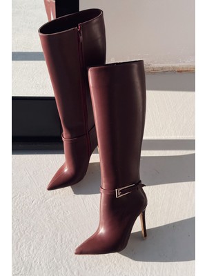 Eswod Mat Deri Toka Detaylı Bordo Kadın Çizme