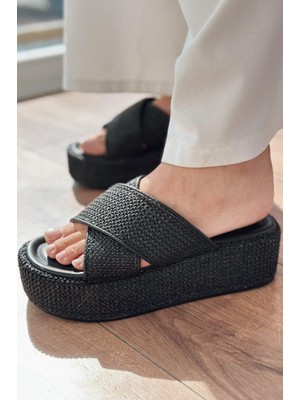Redans Hasır Çapraz Bant Detaylı Kadın Terlik Siyah