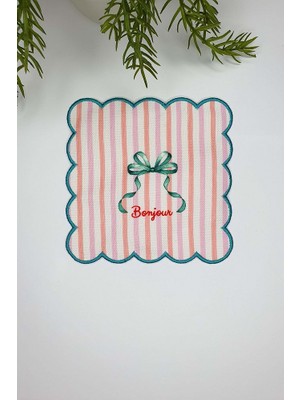 Bonjour Pembe Çizgili Fiyonk Desenli Nakış Kenar Kokteyl Peçetesi 1 Adet