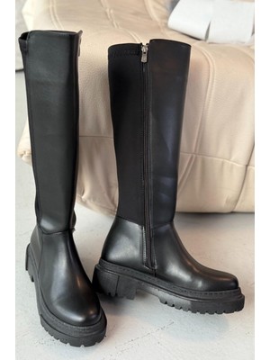 Vessona Siyah Arkası Streç Fermuarlı Günlük Kadın Çizme