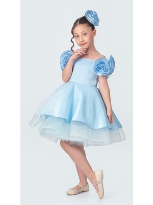 Babyaden Gül Detaylı Tokalı Kayık Yaka Saten Kabarık Abiye Doğum Günü Parti Kostüm Kız Çocuk Elbise